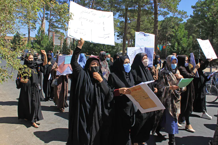 Afghan women protest in Herat on Thursday. (-/AFP/Getty Images)