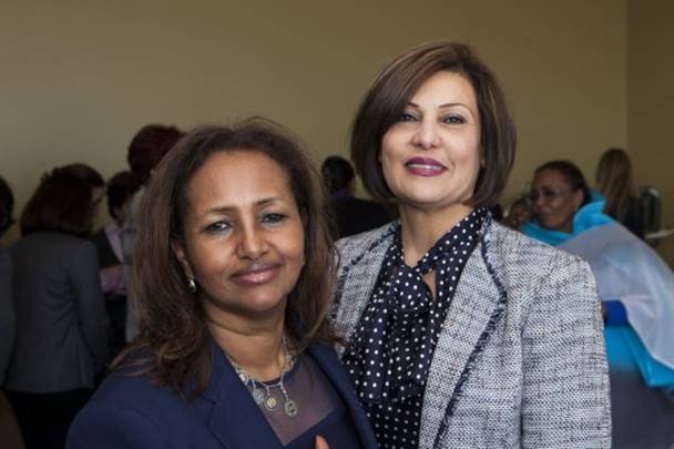 Hibaaq Osman & the late Salwa Bugaighis - On the day of the last general election to be held in Libya, Salwa urged her supporters to the polls (Picture: Karama)