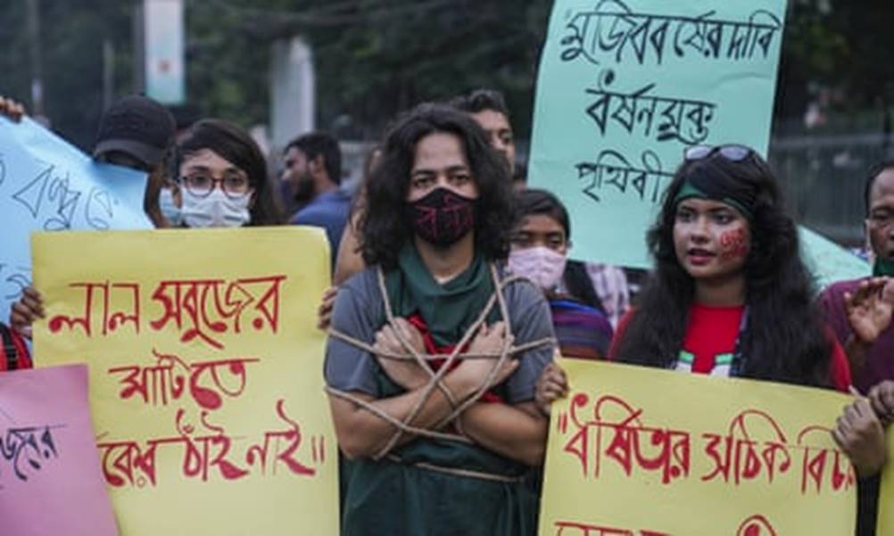 Bangladeshi students and activists protest in Dhaka demanding justice for a recent gang assault on a woman. Photograph: Zabed Hasnain Chowdhury/Rex/Shutterstock