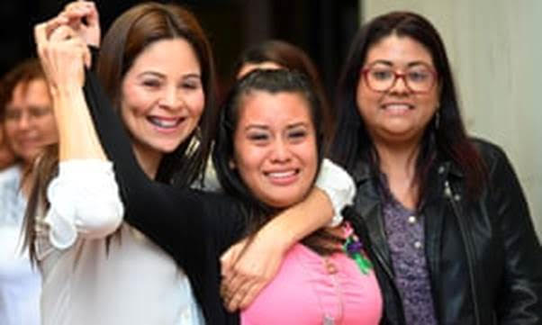 Evelyn Beatriz Hernandez celebrates after being cleared of murder after giving birth to a stillborn baby at home. Photograph: Oscar Rivera/AFP/Getty Images