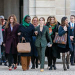 Assia Benziane (from left), Marlène Schiappa, Aissata Lam, Emma Watson, Lisa Azuelos, and Denis Mukwege arrive at the first meeting for the G-7 Advisory Committee for equality between women and men at the Élysée Palace in Paris on Feb. 19. Marc Piasecki/Getty Images