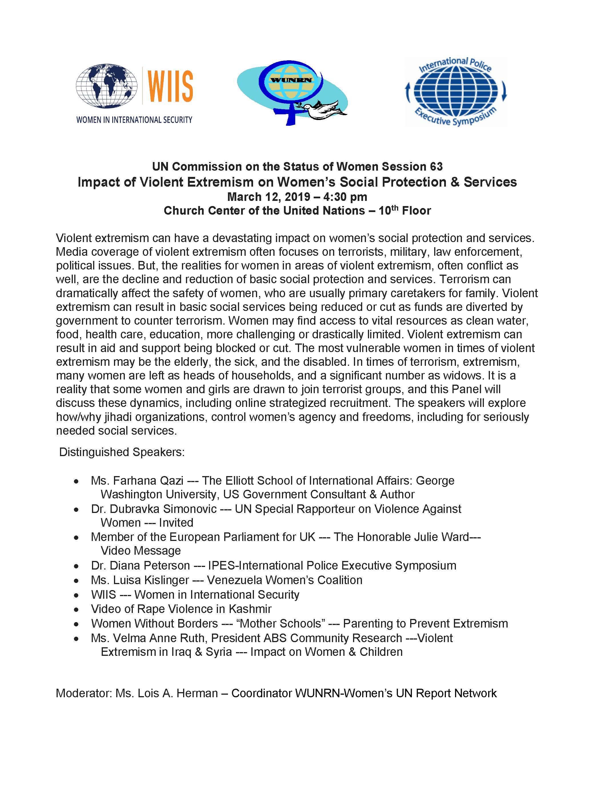 UN Commission on the Status of Women - Session 63 - Impact of Violent Extremism on Women’s Social Protection & Services - March 12, 2019 – 4:30 pm - Church Center of the United Nations – 10th Floor