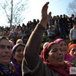 Women shout slogans during a funeral for a man killed protesting a military operation in Pulwama, south of Srinagar, in December 2018. (Masrat Zahra/TNH)