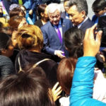 Labor and Social Protection Minister Berdybek Saparbaev and Nur-Sultan Mayor Bakhyt Sultanov meet with the demonstrators.