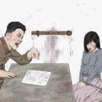 Woman being questioned by a secret police investigator. Former detainees say that secret police investigators can easily harass female detainees during questioning. Illustration, drawn by former North Korean propaganda artist Choi Seong Guk, inspired by the artist’s experience in North Korea and the testimonies of survivors included in this report. © 2018 Choi Seong Guk for Human Rights Watch
