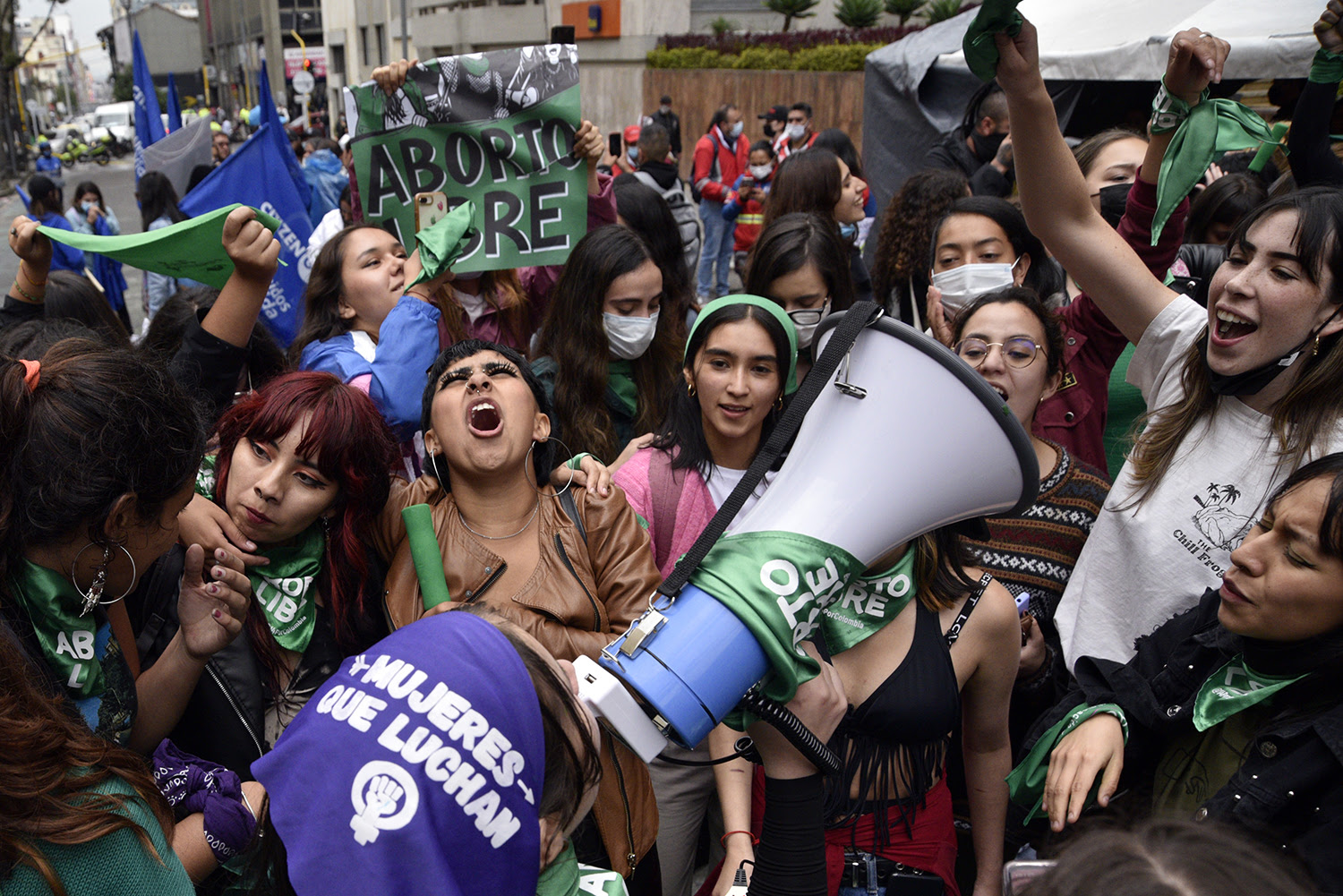 Abortion rights demonstrators celebrate outside the Palace of Justice in Bogotá, Colombia, after the Colombian Constitutional Court voted in favor of decriminalizing abortion up to 24 weeks of gestation on Feb. 21. GUILLERMO LEGARIA SCHWEIZER/GETTY IMAGES