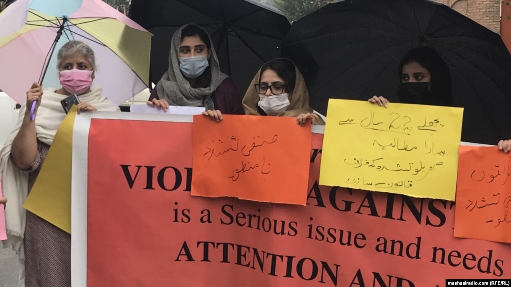 Women protest in Peshawar on the International Day for the Elimination of Violence Against Women in 2020.