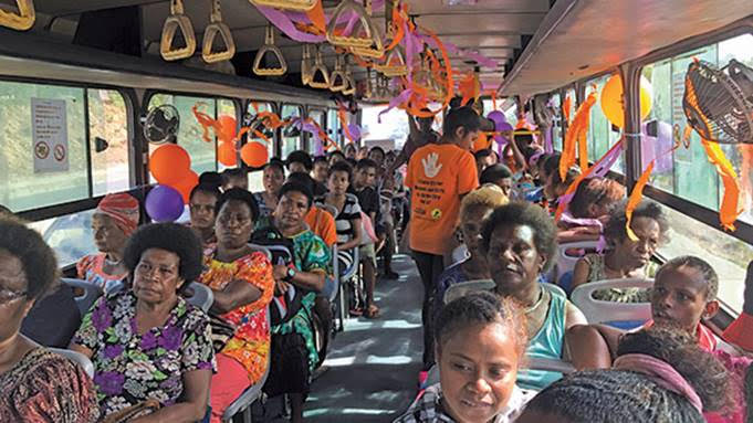 A Meri Seif bus is filled to capacity on International Women's Day in Port Moresby, Papua New Guinea. (Photo courtesy of Alexandra Christy)