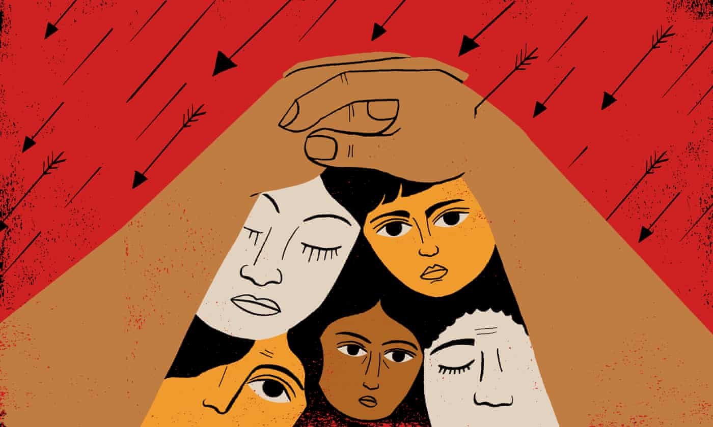 In disaster patriarchy, women lose their safety, their economic power, their autonomy, their education, and they are pushed on to the frontlines, unprotected, to be sacrificed. Illustration: Hanna Barczyk/Purple Rain/The Guardian