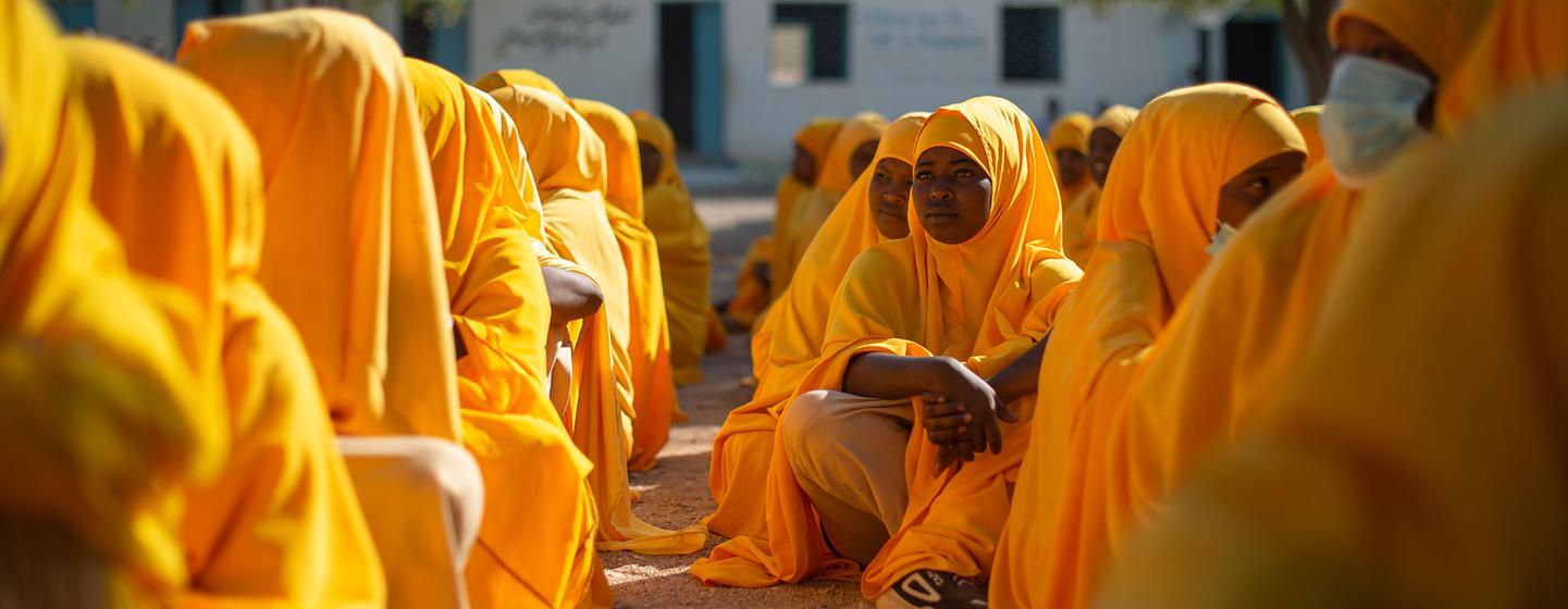 UNFPA Somalia/Tobin Jones. Girls participate in an event at their school in Garowe, Puntland, during which Y-PEER explains the harmful effects of FGM.