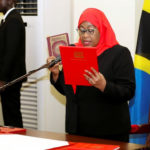 Tanzania's new President Samia Suluhu Hassan takes oath of office March 19, 2021, following the death of her predecessor John Pombe Magufuli, at State House in Dar es Salaam. (Reuters)