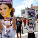 Protest called by KCDP (We Will Stop Femicides Platform) in Istanbul, 19 July 2020. Photograph: Yasin Akgül/AFP/Getty Images