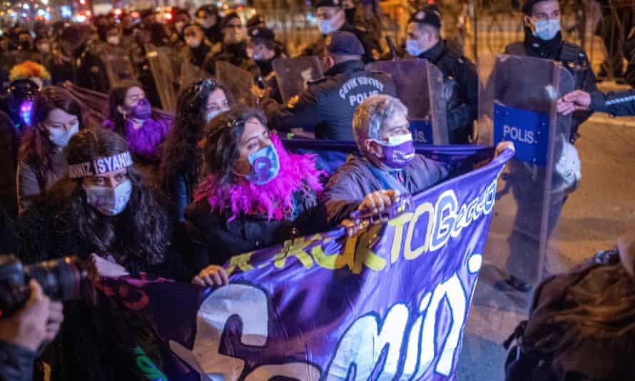 A rally to mark International Women’s day in Istanbul where protesters demanded government commitment to the European accord on violence against women. Photograph: Bülent Kılıç/AFP/Getty Images