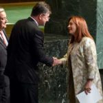 María Fernanda Espinosa Garcés was only the fourth woman in the 76-year history of the United Nations to be elected President of the General Assembly, the UN’s main deliberative and policy-making body. She was the Foreign Minister of Ecuador. She is being congratulated by the outgoing President Miroslav Lajčák, (centre) and the UN Secretary-General, Antonio Guterres. September 2018. Credit: UN / Loey Felipe