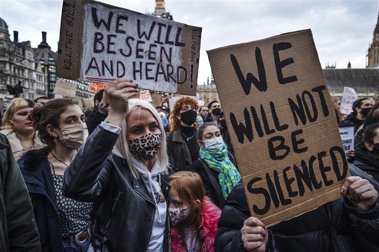 Members of the public protest Monday against the Police, Crime, Sentencing and Courts Bill and the actions of police at a vigil in London last Saturday. Dan Kitwood / Getty Images